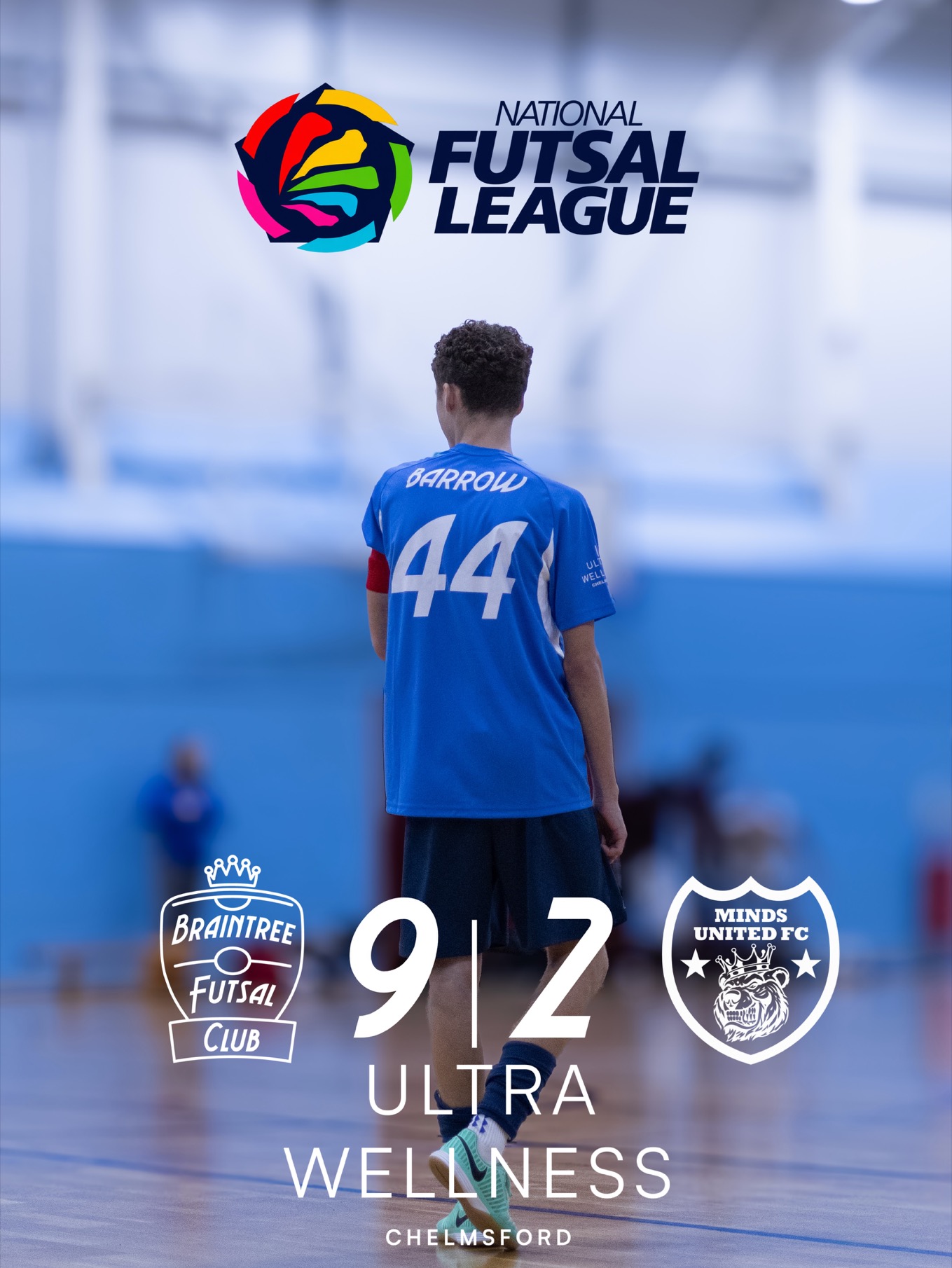 Jake Barrow in Braintree’s blue number 44 shirt, with a result graphic showing Braintree Development 9–2 Minds United.