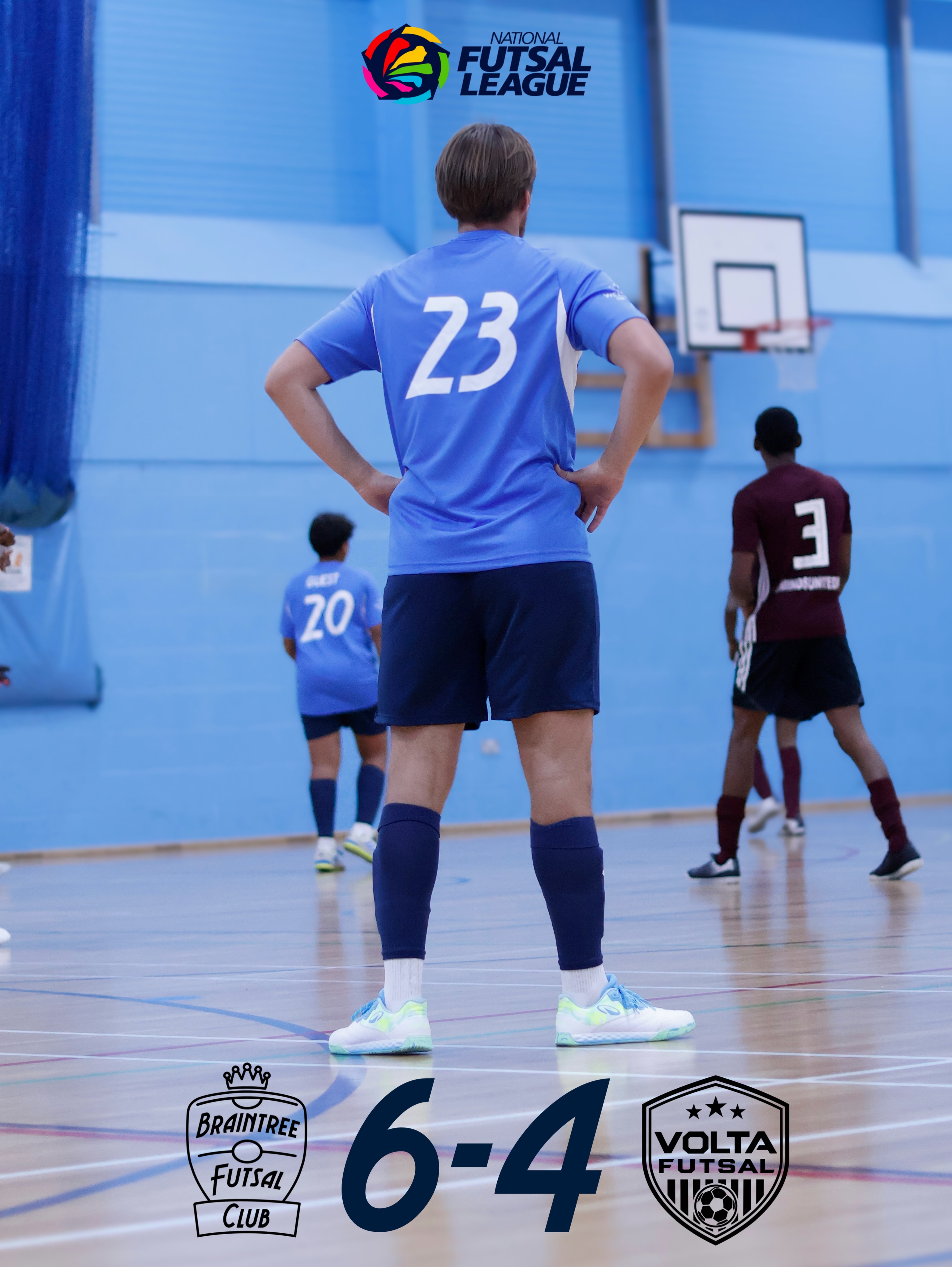 Braintree player in a blue number 23 shirt on court, with the result Braintree 6–4 Volta Futsal.