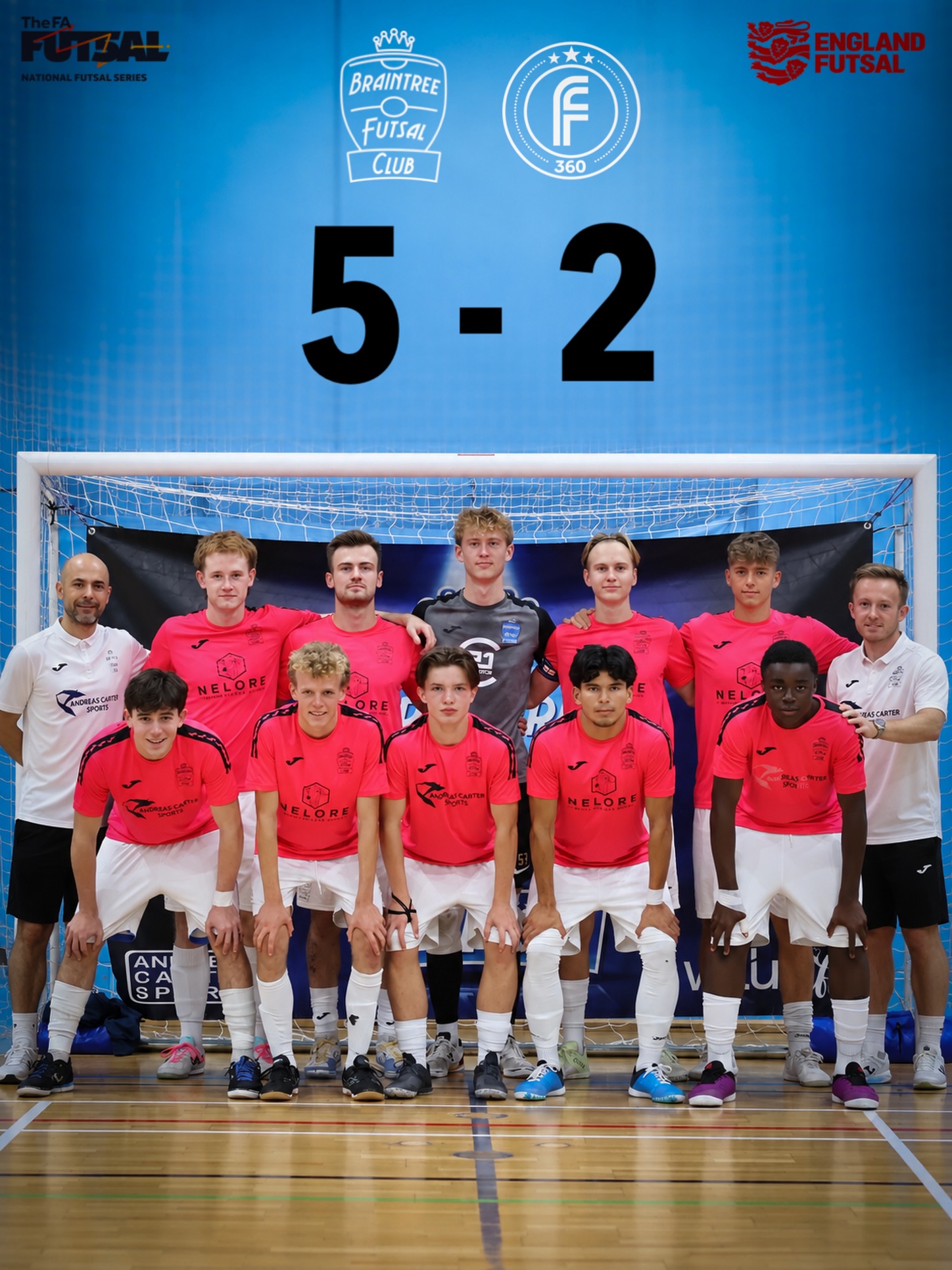Braintree Futsal Club squad and result graphic showing a 5–2 home win over Futsal 360 on 20 September 2026.