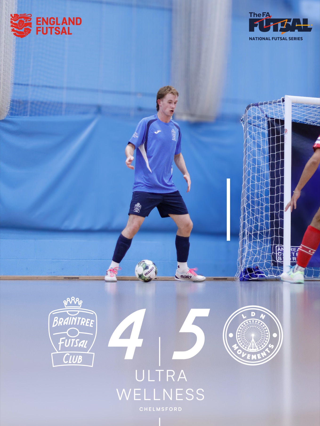 Braintree player at St John Payne and result graphic showing Braintree 4–5 LDN Movements on 27 September 2026.