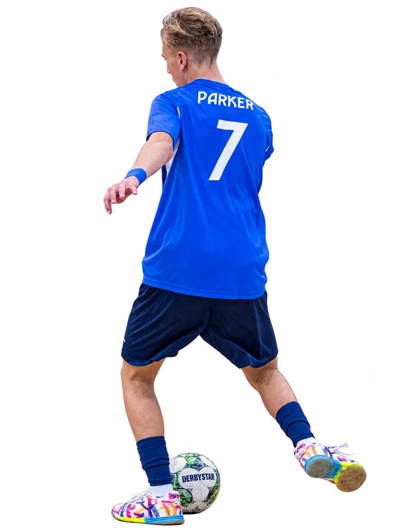 Braintree Futsal first-team player in a blue number seven shirt controlling a ball