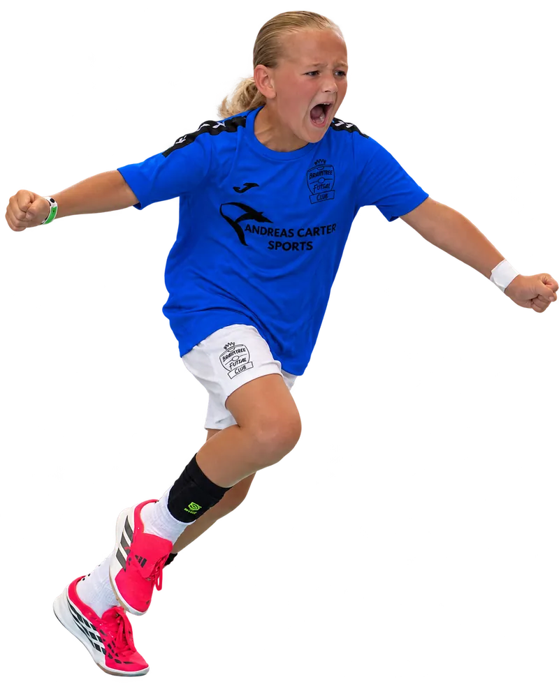 Young Braintree Futsal player in a blue shirt celebrating with arms outstretched