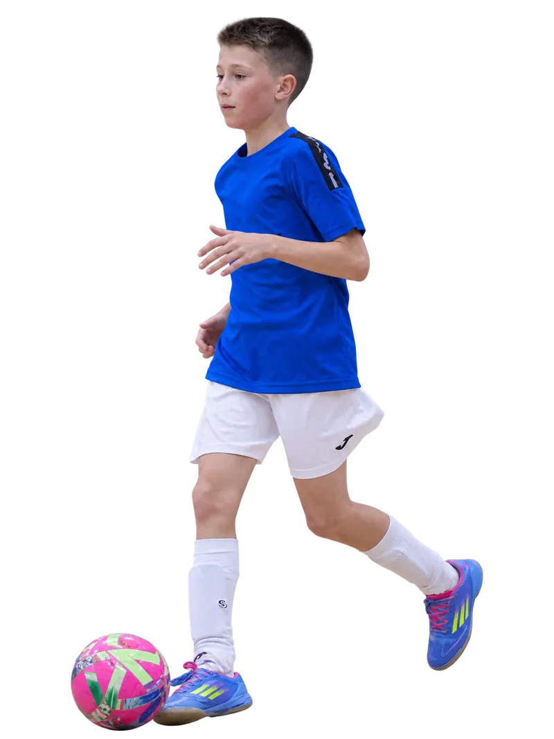 Young Braintree Futsal player in a blue shirt controlling a colourful ball